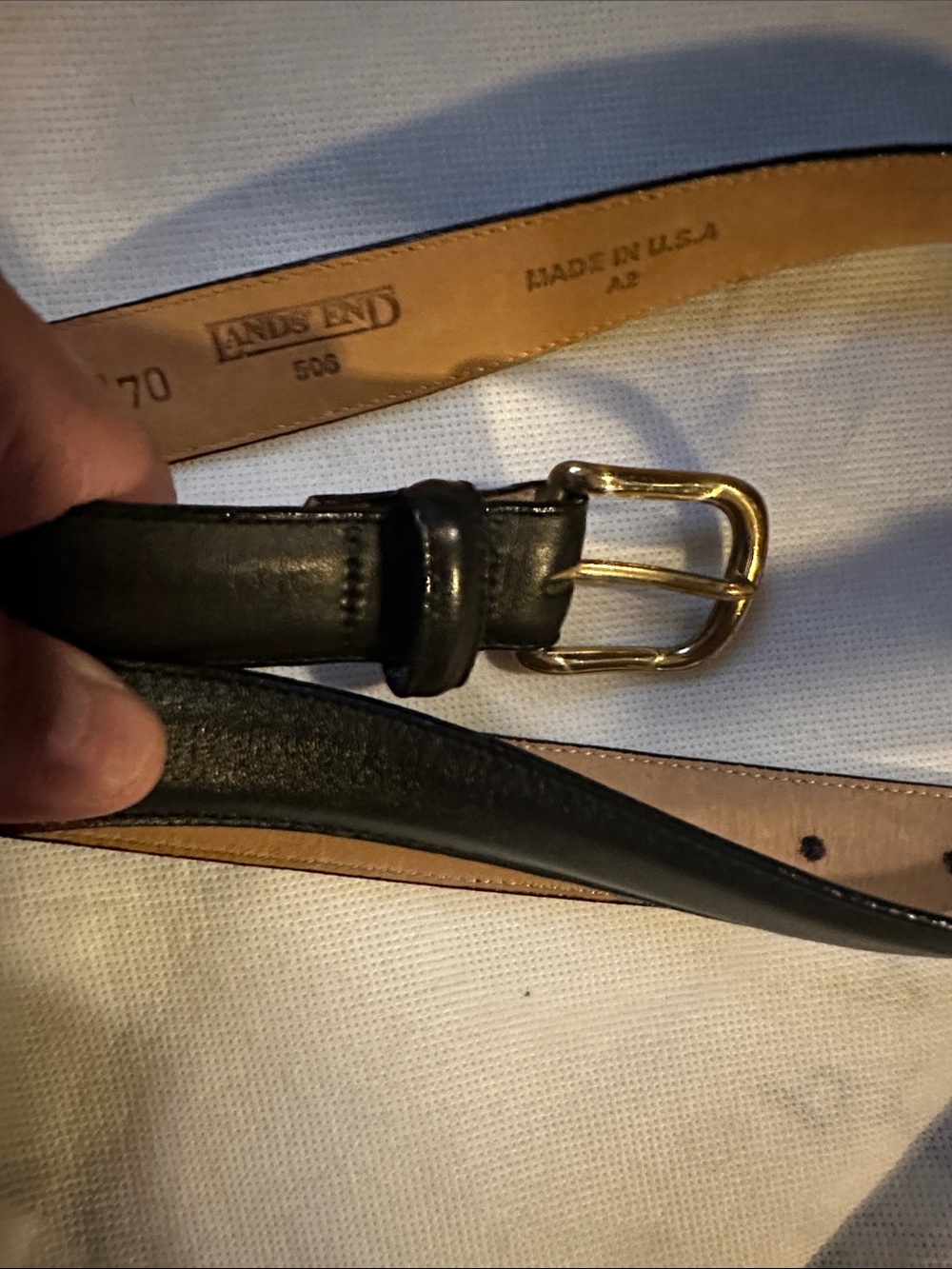 Lands' End Black Leather Men’s Belt with Gold-Tone Buckle